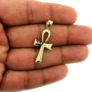 Real 10K Yellow Gold Diamond Cut Egyptian Ankh Cross Pendant